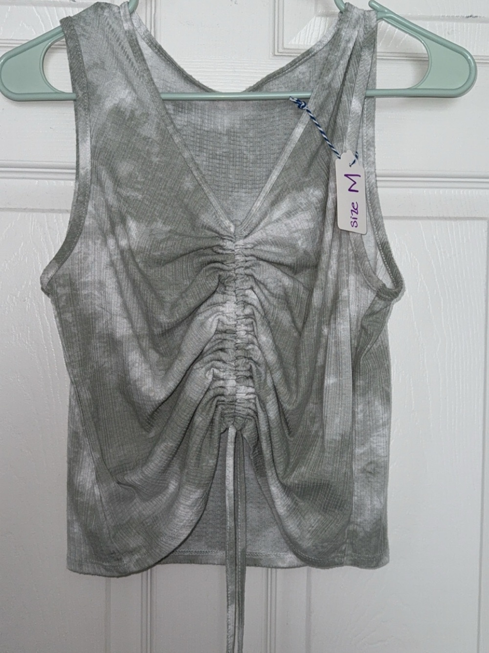 Ruched Tie Front Tank Top - light green & white Tie-Dye